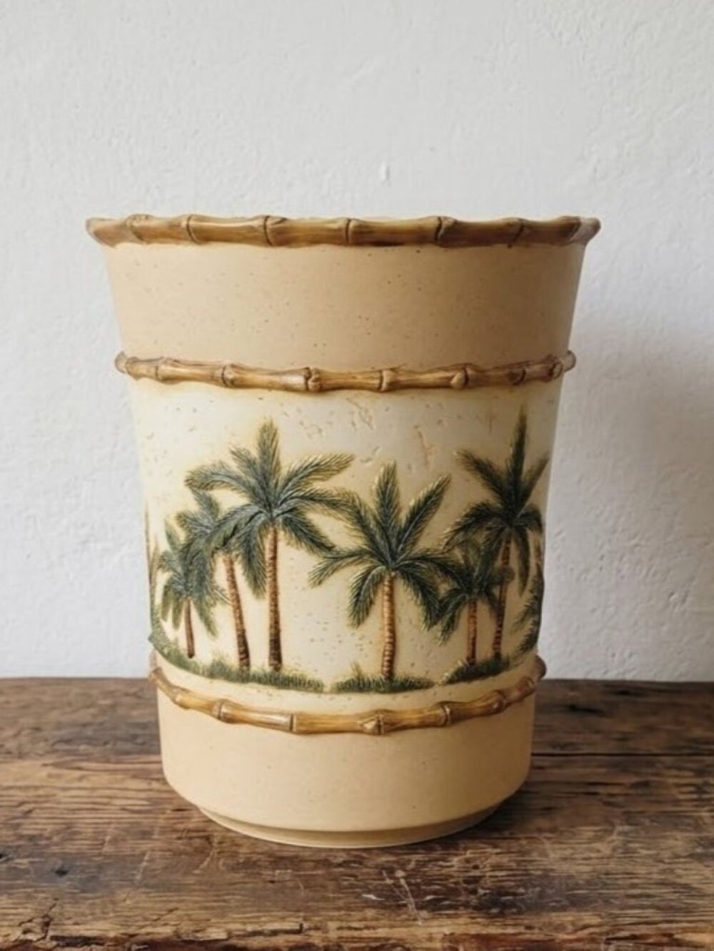 Vintage Heavy Ceramic Trash Can Planter Hand Crafted Palm Trees Bamboo Tropical